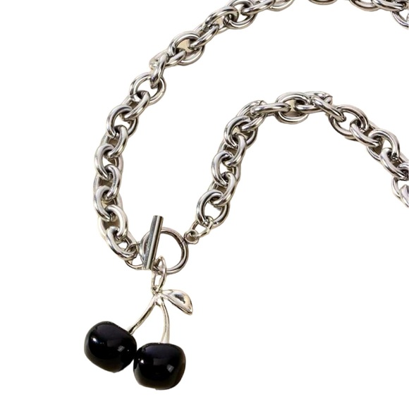 None Jewelry - Y2K Gothic Halloween Black Cherry Silver Tone Chain Link Choker Necklace